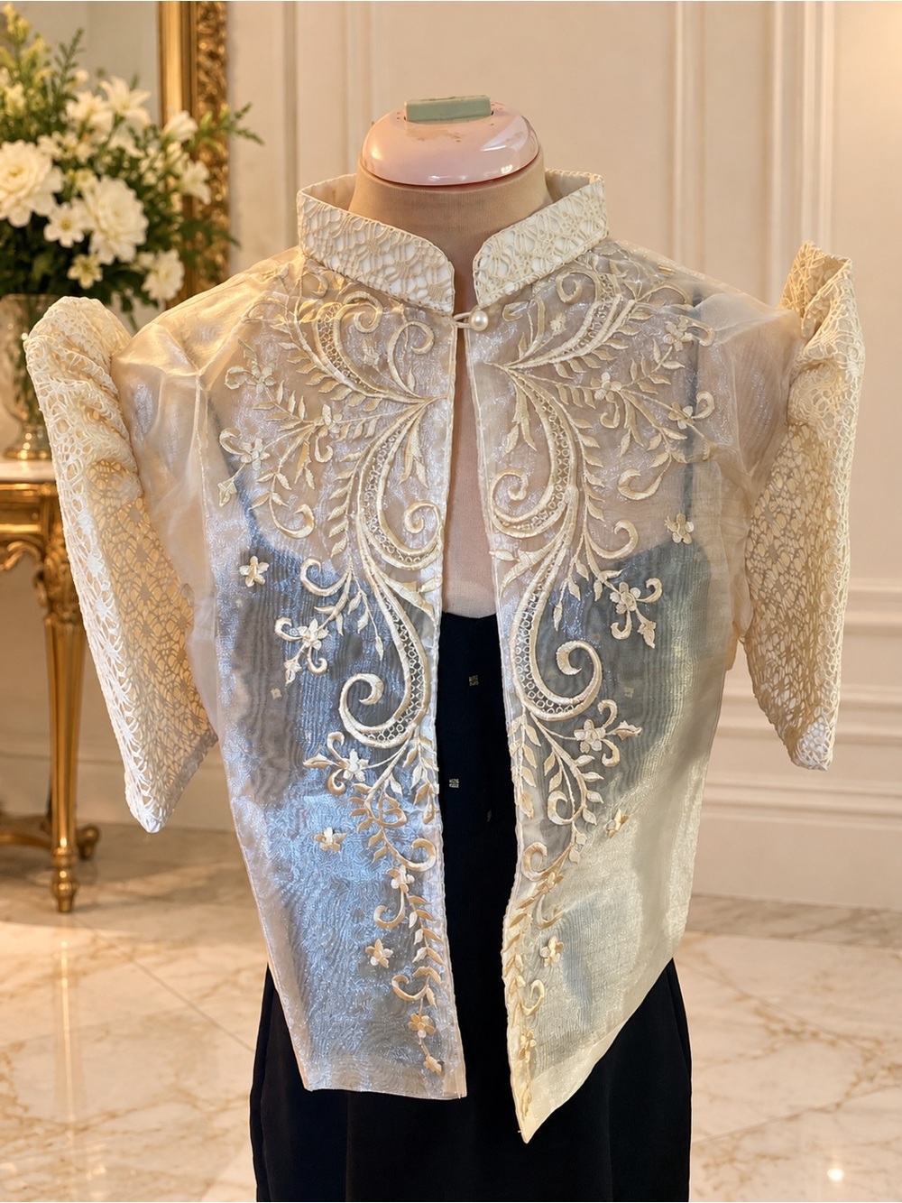 Elegant Filipiniana Lace Bolero – Ivory Cream Embroidered Puff Sleeve Jacket - Picture 2 of 6